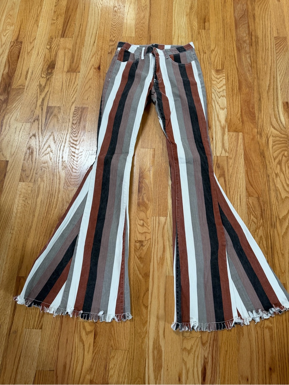 Altar'd State Vertical Striped Flare Jeans in Rust, Black, Gray, Cream